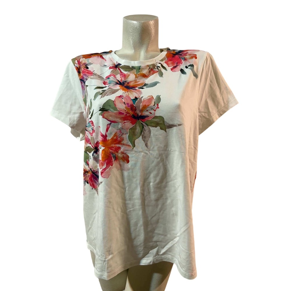 New Chicos Floral Print Cotton Knit Top Calypso Coral White Size XL (3) NWT